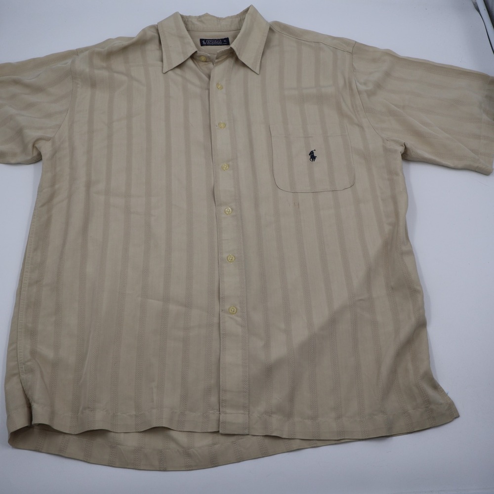 Polo Ralph Lauren Button Down Mens XL Tan Tonal Stripe Short Sleeve Pony Logo